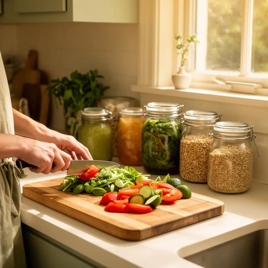 Cocina saludable en casa con vegetales frescos y fermentos